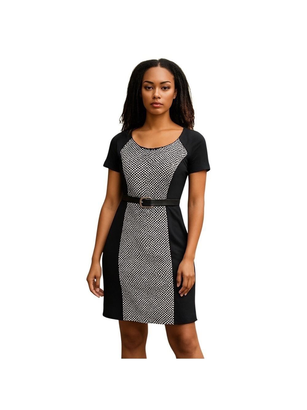 Frank Lyman SZ 14 black/white sheath dress shortsleeved with belt and back zip